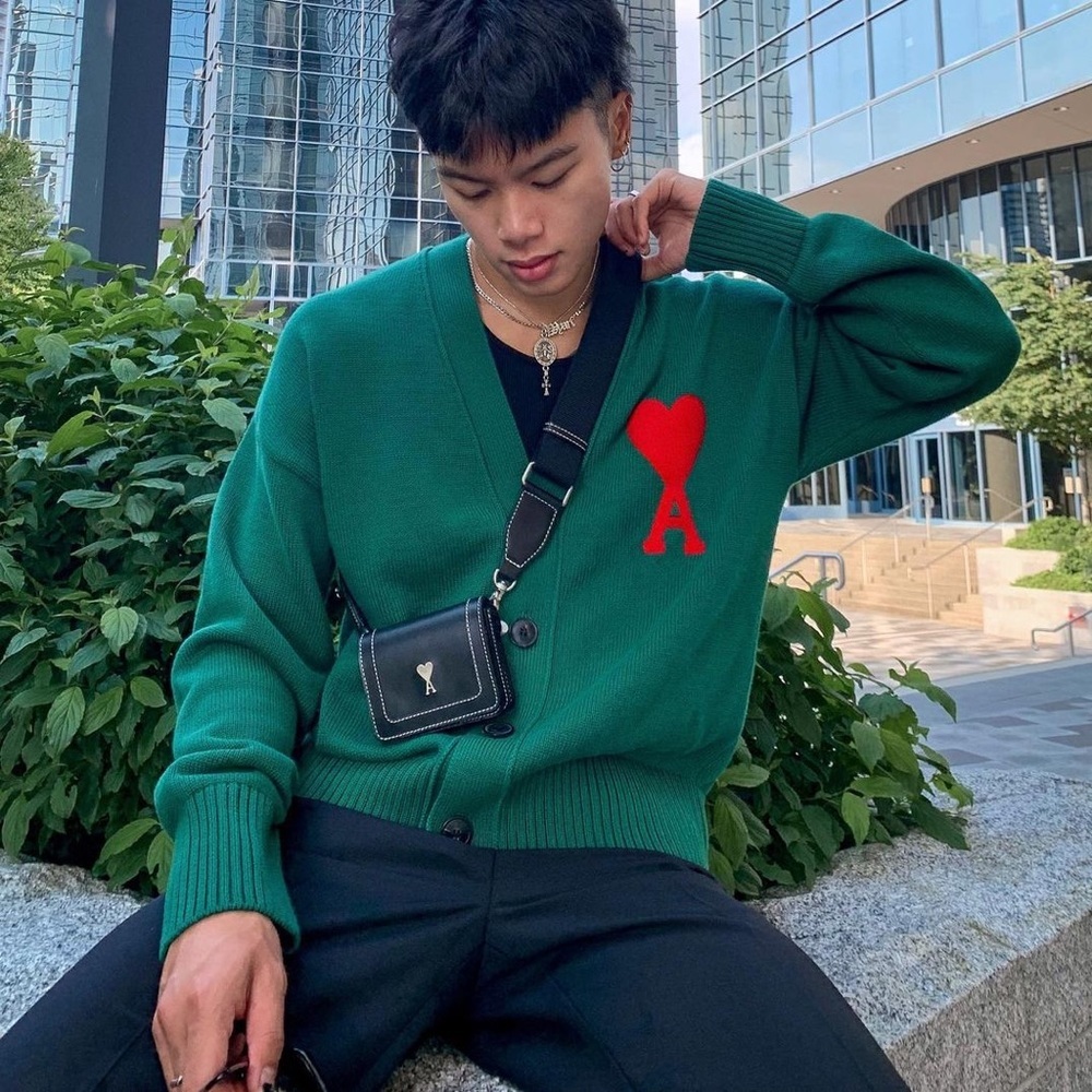 Ami Alexandre Mattiussi Forest Green Big Heart Button Cardigan Sweater